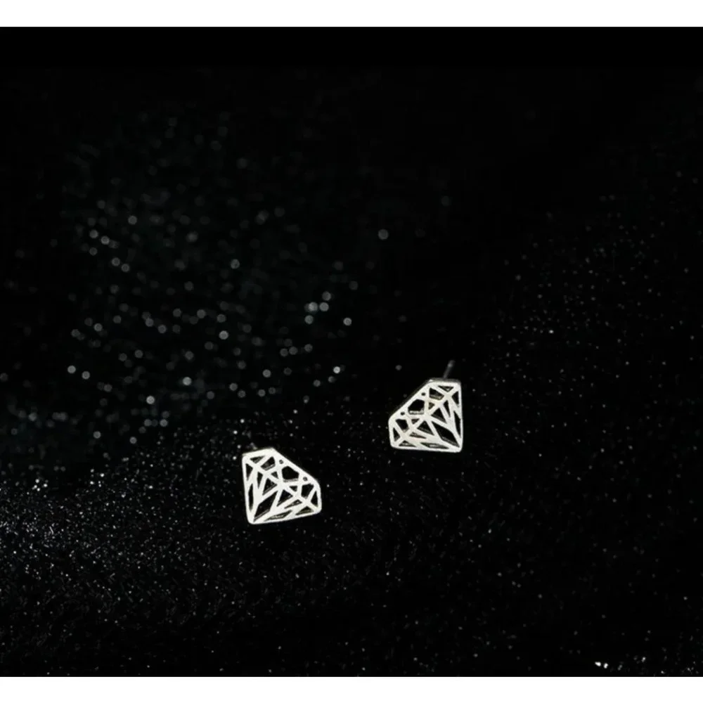 Women Hollow Diamond Earrings 925 Sterling‎ Silver Studs